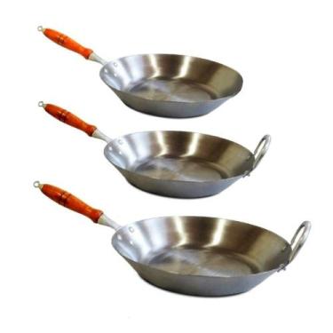 Imagem de Kit Jogo De Frigideiras Aço Carbono 2mm Cabo Madeira Fritura. - JAMAR