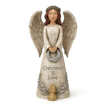 Imagem de iStatue Estatueta de anjo de Natal – decoração de férias de resina com mensagem "Christmas is Love", estátua de anjo da guarda de 12,7 cm de altura, decoração de inverno de mesa para presente de