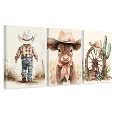 Imagem de CCWACPP Arte de parede caubói ocidental conjunto de 3 decoração de parede infantil estampa temática ocidental imagem bege para quarto de menino infantil decoração boho emoldurada (40.6 cm x 61.0 cm x