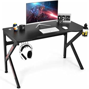 Imagem de Mesa de computador para jogos em forma de K de 122 cm com suporte de copo e gancho para fone de ouvido, mesa de estudo para escrita, escritório doméstico (D 122 x 61 x 73 cm)