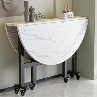 Imagem de Mesa de jantar moderna de folha redonda, mesa de jantar dobrável com 6 rodas, mesa de cozinha dobrável com suporte de aço carbono, dobrável em 3 formas, suporta facilmente peso de 400 kg (cor: Bianco