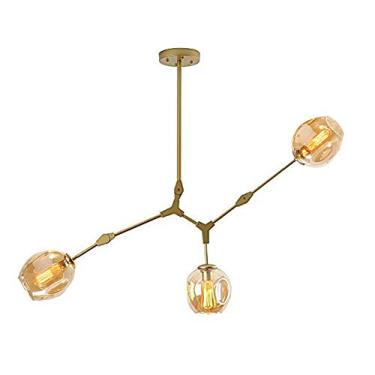 Imagem de BAZHIMAO Luminárias pendentes de ramos de bola de vidro de 101,6 cm, luminária pendente E26 Sputnik, altura ajustável, 3 luzes de globo de meados do século, luminárias de metal soprado à mão âmbar