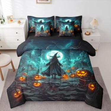Imagem de Erosebridal Jogo de cama King com edredom de feliz dia das bruxas, vintage, para meninos e meninas, abóbora, 7 peças, conjunto de cama em um saco, morcegos de bruxa, luzes de abóbora