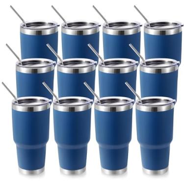 Imagem de Volhoply Copo térmico de 900 ml com tampa e canudo pacote com 12, canecas de café de viagem de parede dupla para bebidas quentes/frias, cabe em porta-copos de carro, sem BPA (azul marinho, 12