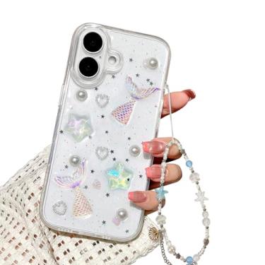 Imagem de Fycyko Compatível com iPhone 16 capa 3D linda sereia estrela do mar pérola transparente com design estética mulheres adolescentes meninas glitter bonito cristal brilhante capa protetora + corrente