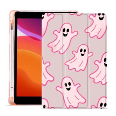 Imagem de MAYCARI Capa de Halloween para iPad de 10,2 polegadas 2021/2020/2019 com suporte para lápis, capa protetora traseira de TPU macio original Pink Ghosts iPad 9ª/8ª/7ª geração, capa protetora traseira de