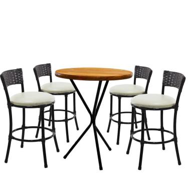 Imagem de 4 Banquetas Forts Baixa Fibra Preto Ferro Bistrô Tampa Madeira Com Assento Branco