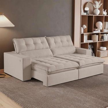 Imagem de Sofá Retrátil E Reclinável Oregon 2,50m Linho Cor Cru 2320 Usb Com Kit Usb