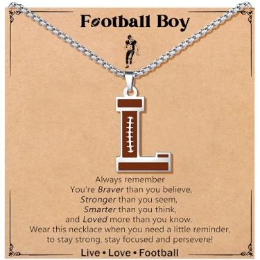 Imagem de JoycuFF Colar de futebol masculino com inicial A-Z, pingente de pingente de futebol em corrente de prata de aço inoxidável, presente de Natal personalizado para filho, neto e sobrinho, Aço inoxidável