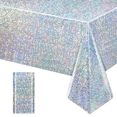 Imagem de Just Shimmer 1 pacote com toalhas de mesa iridescentes prateadas, capas de mesa retangulares de plástico descartáveis, 137 x 272 cm, toalhas de mesa holográficas a laser, decorações de festa para