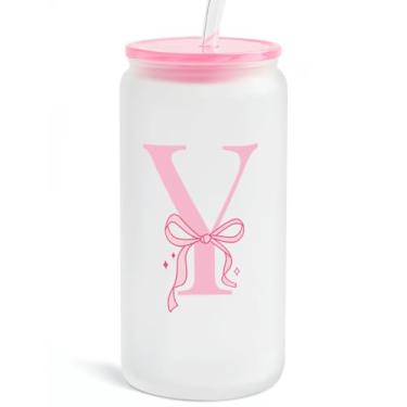 Imagem de SANDJEST Copo de vidro monograma com tampa acrílica e canudo, copo de café gelado fosco personalizado 473 ml, monograma presentes iniciais para mulheres meninas no aniversário (Y)