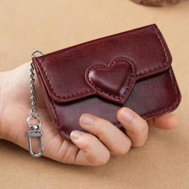 Imagem de Carteira feminina pequena em forma de coração de couro PU porta-cartões multicartões antimagnético para viagem, dinheiro, moedas, 10,3 x 7,6 cm, Vinho tinto