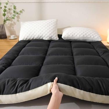 Imagem de Yadlan Colchão futon japonês, cama de chão de casal - tecido espesso de 10 cm, dobrável e portátil com alças antiderrapantes para conforto em todas as estações, ideal para dormitório preto 140 x 200