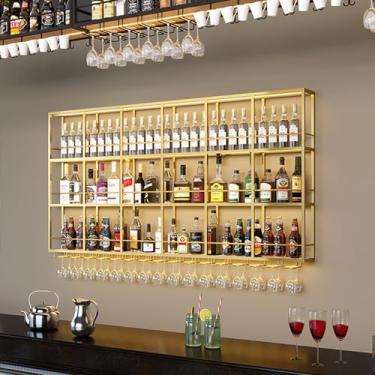 Imagem de HGTRH Rack de vinho montado na parede com luzes, suporte de parede para vinho com suporte de vidro e prateleira de armazenamento, suportes de garrafa de vinho de 3 níveis, prateleiras flutuantes para