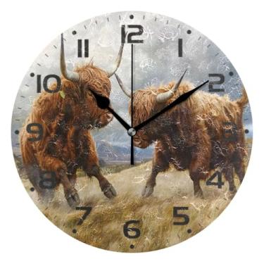 Imagem de JUZIHAI Relógio de parede Highland Cows Fighting, silencioso, sem tique-taque, redondo, operado por bateria, fácil de ler, relógio decorativo de parede para casa, cozinha, sala de estar, quarto