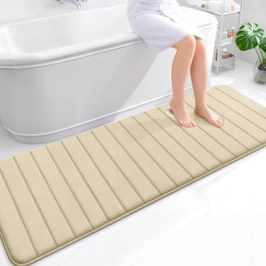 Imagem de OLANLY Tapetes de banheiro longos listrados de espuma viscoelástica 180 x 61, tapete de banho absorvente super macio, secagem rápida, tapetes de chuveiro laváveis na máquina, tapete de banho