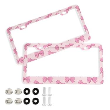 Imagem de SEHANY Lindas molduras de placa de licença de laço rosa, moldura de placa de carro de alumínio à prova de ferrugem com orifícios elípticos e parafusos serve para veículos padrão dos EUA tamanho