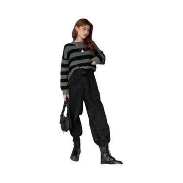 Imagem de Suéter Cropped Listrado Oversize Feminino Estilo Coreano Vintage Manga