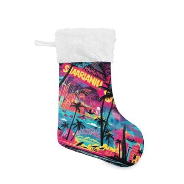 Imagem de ATTX Meias de Natal de palmeiras tropicais, suportes de presente brancos de pelúcia para decorações de festas de fim de ano (17,7 polegadas, 1 pacote) #170