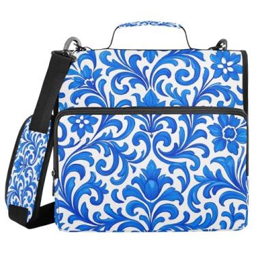 Imagem de SEHANY Fichário de zíper azul e branco com alça de ombro, capacidade para 500 folhas, vários bolsos, fichário com 3 anéis com zíper de 3 cm