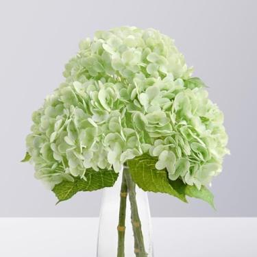 Imagem de Sherika 3 peças de flores artificiais de hortênsia realista, verde claro, hortênsia de toque real, buquês de flores falsas de látex grandes de 53 cm para decoração de cabine ao ar livre, casamentos