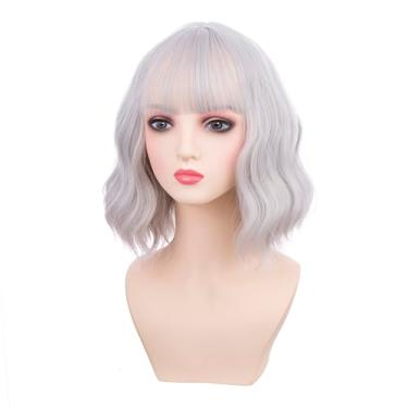 Imagem de DUDUWIG Peruca feminina prateada para adultos, curta, branca, prata, ondulada, encaracolada, perucas femininas com franja de ar, perucas sintéticas resistentes ao calor com touca