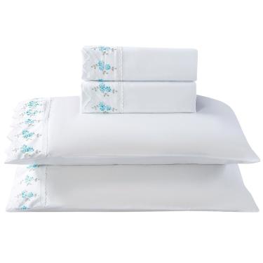 Imagem de Jogo De Lençol Rosaline Casal 4 Peças Micropercal 300 Fios Bordado - Flor Azul - 100% P...