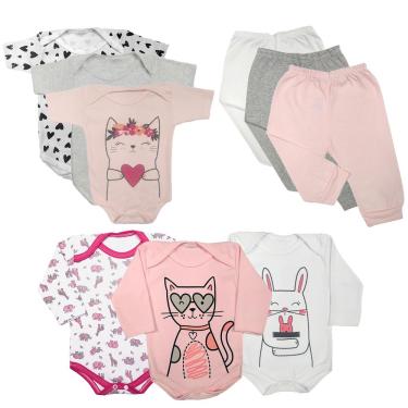 Imagem de Kit Bebê 9 Peças Body Estampado Manga Curta e Longa e Mijão