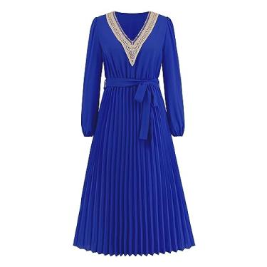 Imagem de UIFLQXX Vestido maxi feminino plus size com decote em V de renda manga longa cor sólida vestido plissado moda vestido longo solto vestido midi, Azul, P