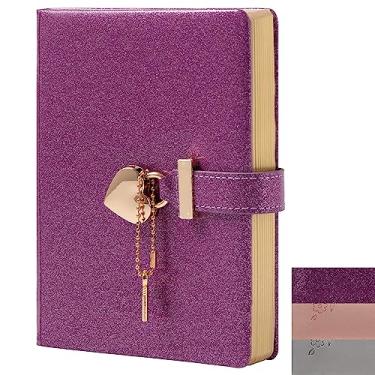 Imagem de TIEFOSSI Caderno de diário Heart Lock com chave, diário de couro PU roxo glitter B6 para escrita, 144 folhas de papel forrado, presente para meninas, mulheres