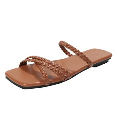 Imagem de Chinelo feminino moderno verão novo padrão de malha slip on casual retrô plana grande sandálias femininas chinelos femininos com sola de borracha, Marrom, 38