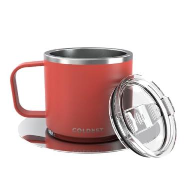 Imagem de Copo de café expresso isolado empilhável com pires da Coldest - Caneca de café expresso de aço inoxidável para viagem de parede tripla isolada com tampa deslizante (118 g, vermelho carmesim)