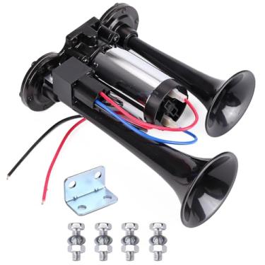 Imagem de Buzina de ar de trem 12V 150db para caminhão, kit de buzinas elétricas duplas com compressor para veículos de 12 V, caminhões, trens, caminhões, caminhões, SUVs, carros, barcos (prata 12V + preto)