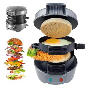 Imagem de Chapa redonda elétrica pequena, máquina de café da manhã com aquecimento dupla face, máquina de hambúrguer multifuncional de 5 minutos, sanduicheira doméstica destacável e lavável na máquina com anéis
