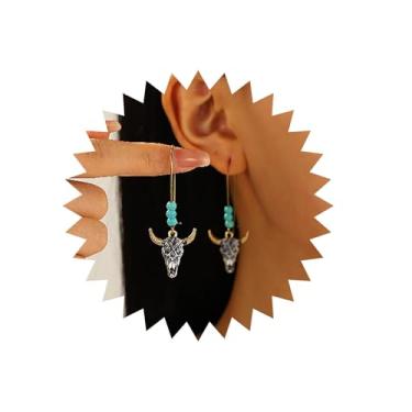 Imagem de Xduargs Brincos Boho de argola de touro, prata, turquesa, turquesa, vintage, tribal, cabeça de gado, brincos pendentes de cabeça de gado, joias femininas, Zinco, Sem pedra preciosa