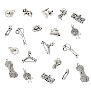 Imagem de Honbay 100 peças pingentes de liga de costura, pingente, máquina de costura, tesouras, fios, botões, alfinetes, pingentes de tricô para brincos, pulseira, colar, fabricação de joias (10 estilos), liga