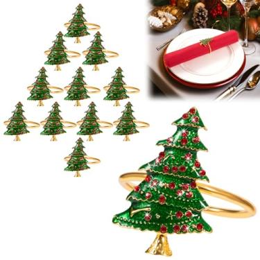 Imagem de ANPHSIN Conjunto de 12 anéis de guardanapo de natal – porta-guardanapos de metal de árvore de natal com strass vermelho para festa de natal, jantar, banquete de casamento, decoração de mesa