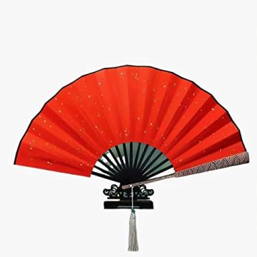 Imagem de PHAVN Ventilador dobrável de tecido de seda clássico estilo chinês, várias cores disponíveis (incluindo pingente de ventilador e caixa de ventilador) (Cor: Vermelho, Tamanho: 60 * 33 cm)