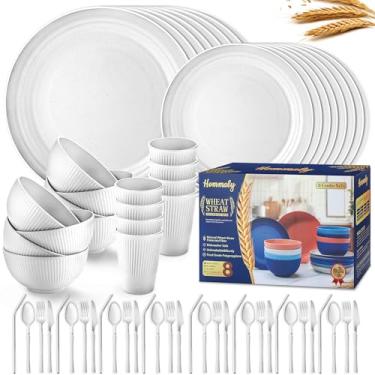 Imagem de Conjuntos de louça de palha de trigo, 64 peças de pratos e tigelas para 8 peças, inquebráveis, reutilizáveis, prato de jantar, prato de sobremesa, tigela de cereal, xícara/utensílios, pode ser lavado