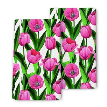 Imagem de Conjunto de 2 toalhas de prato de tulipa rosa para secagem de cozinha, conjunto de 2 toalhas de cozinha rosa verde primavera verão conjunto decorativo de chá macio absorvente toalhas de mão para
