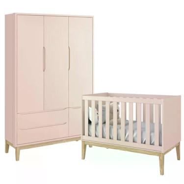 Imagem de Jogo de Quarto Classic Guarda Roupa 3 Portas e Berço com Pés Madeira Natural - Reller Móveis Rosa Fosco