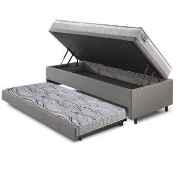 Imagem de Bicama Box Baú Solteiro Courino Linho Cinza 88x188 Com Colchão Hanover Molas Ensacadas Inducol