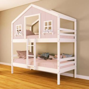 Imagem de Beliche Casinha dos Sonhos Madeira Maciça Rosa/ Branco Housin