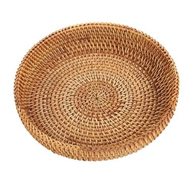 Imagem de Cesta de piquenique em vime feita à mão, redonda, bandeja de corte de parede alta, prato de armazenamento de alimentos, prato com alças para café da manhã, bebidas, lanche para café