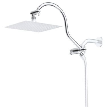 Imagem de Hibbent Válvula de desvio de braço de chuveiro de 3 vias de metal com braço de extensão de cabeça de chuveiro curva ajustável de latão de 30,5 cm, peça de substituição universal do sistema de chuveiro de 1/2, extensor de braço de chuveiro, cromado