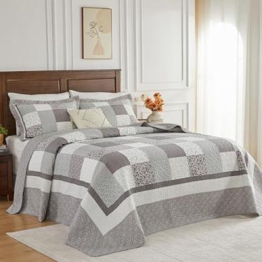 Imagem de SOElinens Colchas King extragrandes 128 x 120 extra largas - Conjunto de colcha de edredom California King reversível xadrez country, 3 peças, leve, fino, conjunto de edredom, Cal King, cinza/bege