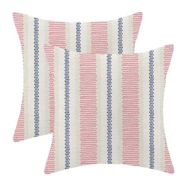 Imagem de AEIOAE Capas de almofada rosa choque azul verão ao ar livre 45,7 x 45,7 cm, decoração boho com bolinhas listradas, almofadas para sofá-cama, geométrico, moderno, casa de fazenda, capa de almofada de