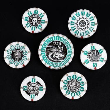 Imagem de DND Dice Set Dungeons and Dragons Dice, Spinning Gyro Metal Dice Set D&D Polyhedral D and D Dice with Box for Role Playing Game D20 D12 D10 D8 D6 D4 (Dice-Pearl Silver Green)