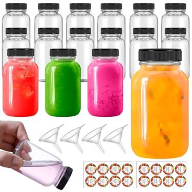 Imagem de tchrules 16 garrafas de vidro de 118 ml com tampas pretas, frascos pequenos de vidro transparente para gengibre, dose de bem-estar, suco, amostra, uísque, itens essenciais de viagem portáteis à prova