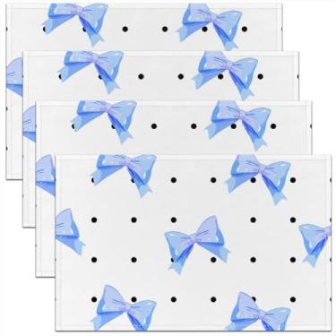 Imagem de meiyoeat Jogo americano com laço azul com desenho animado, conjunto de 4 tapetes de mesa de princesa, crianças, meninas, jogo americano simples com bolinhas de laço para cozinha, decoração de mesa de